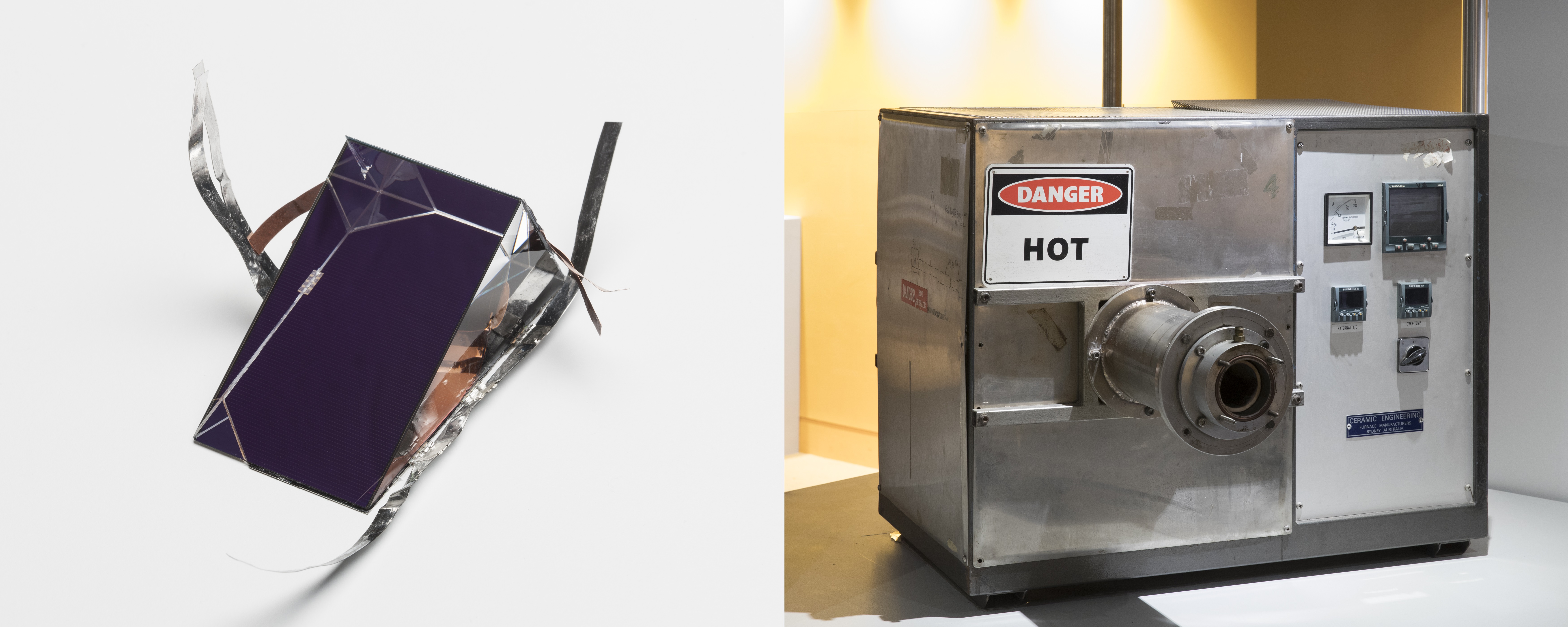 Two images side by side. Left: A glass prism to with are attached various strips of metal. Right: a rectangular metal box with 'Danger HOT' sign and various analogue and digital displays on the front. There is also a cylindrical metal 'pipe' protruding from the front of the furnace, through which materials can be fed.